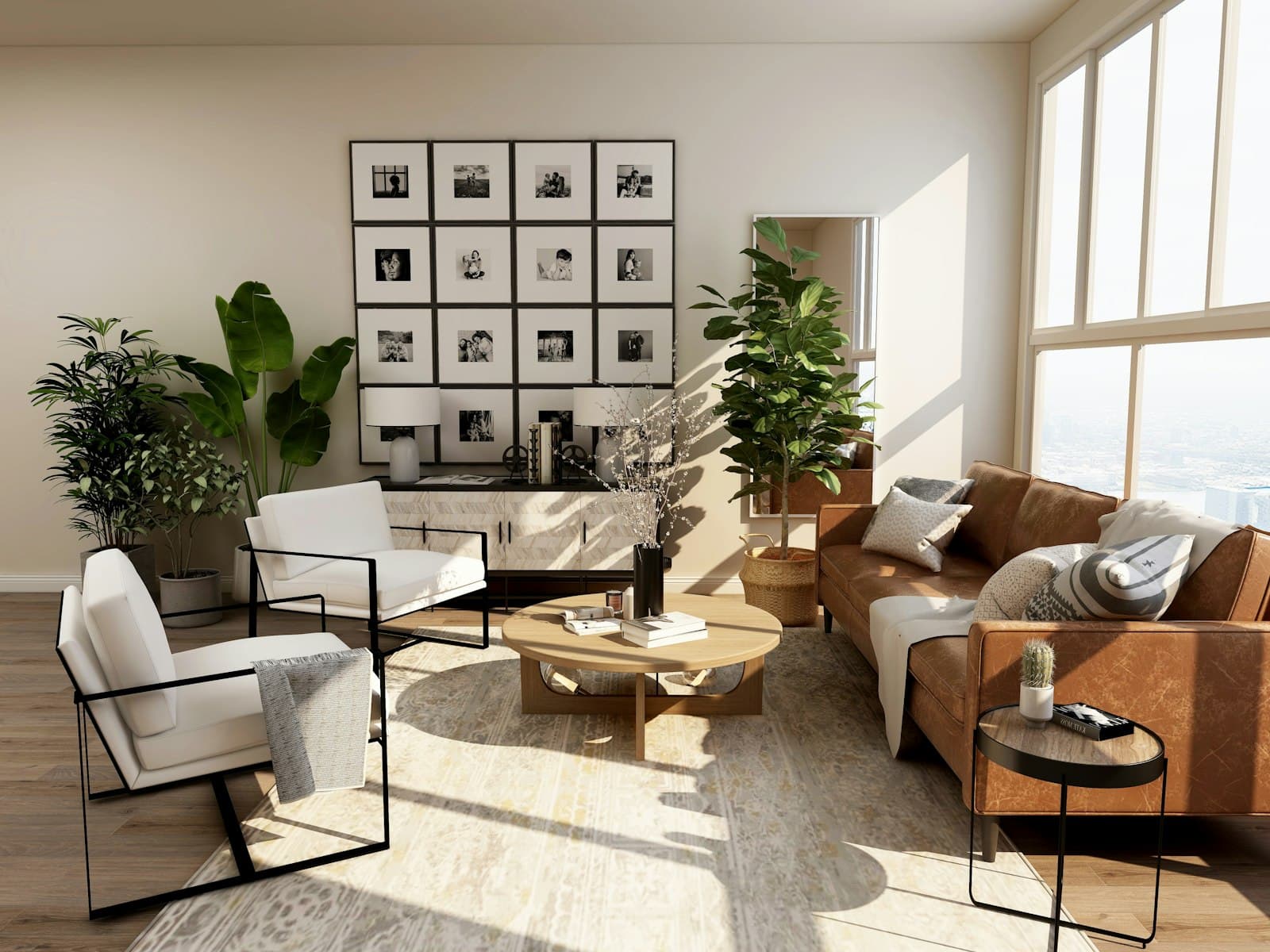 A bright living room with tall windows and warm furnishings